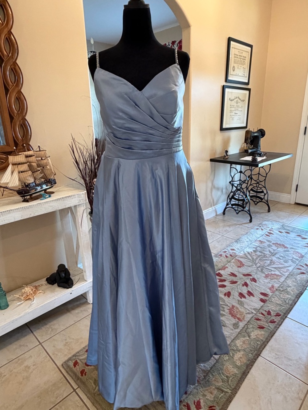 Elegant Slate Blue Satin A-Line Dress with Spaghetti Straps